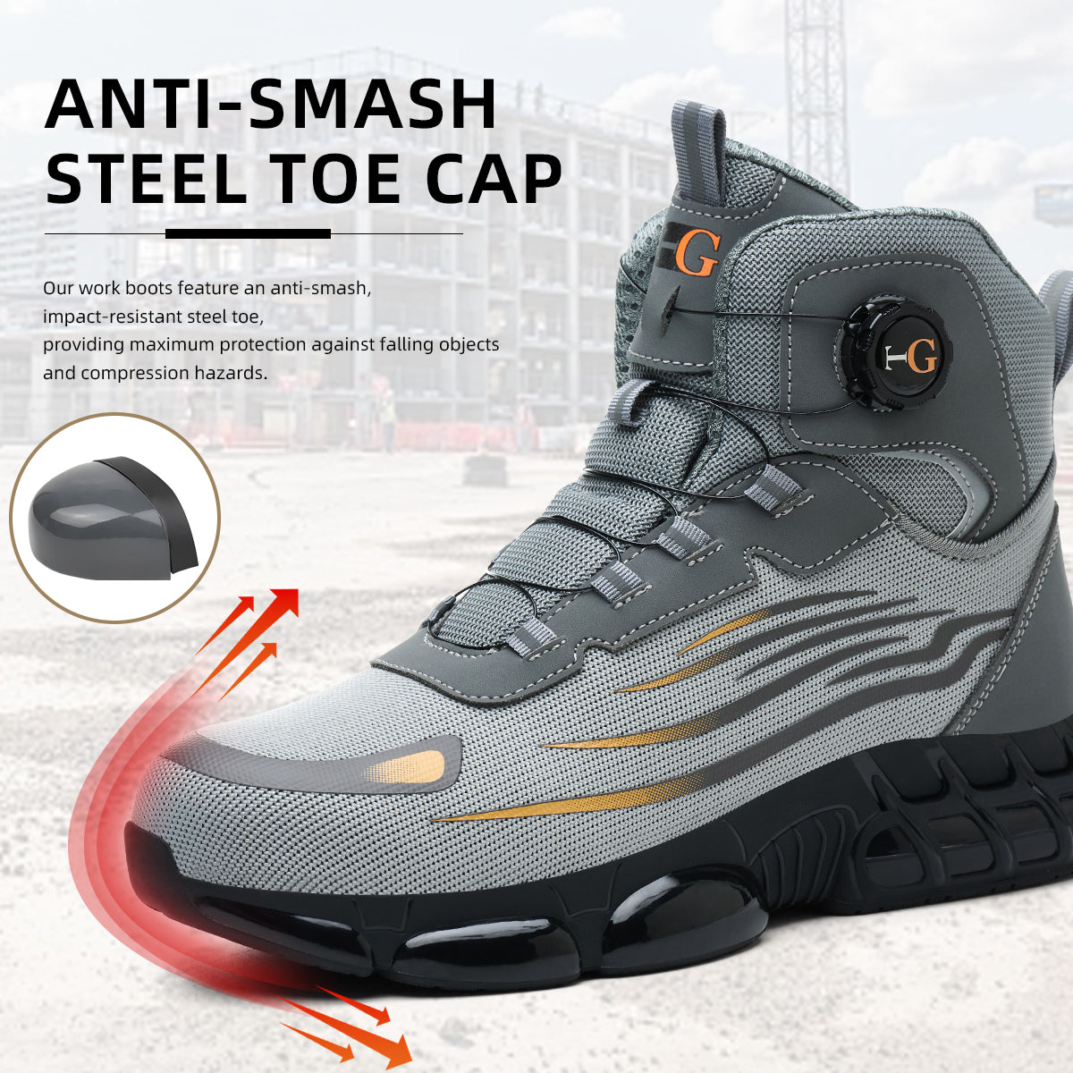 Men's Lace-Up Mid-top Puncture & Smash Resistant Safety Shoes, Lightweight Steel Toe Sneakers, Non-slip Safety Shoes, Puncture-resistant Composite Steel Toe Shoes, Boy